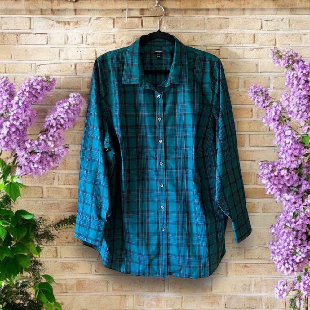 *HOST PICK* Landsโ End No Iron Supima Cotton Teal Green/Black/Purple Plaid Shirt - Picture 1 of 14